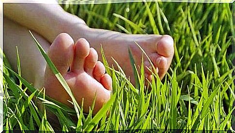 Feet in the green grass