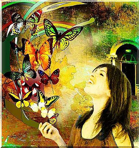 Painting with butterflies and happy woman